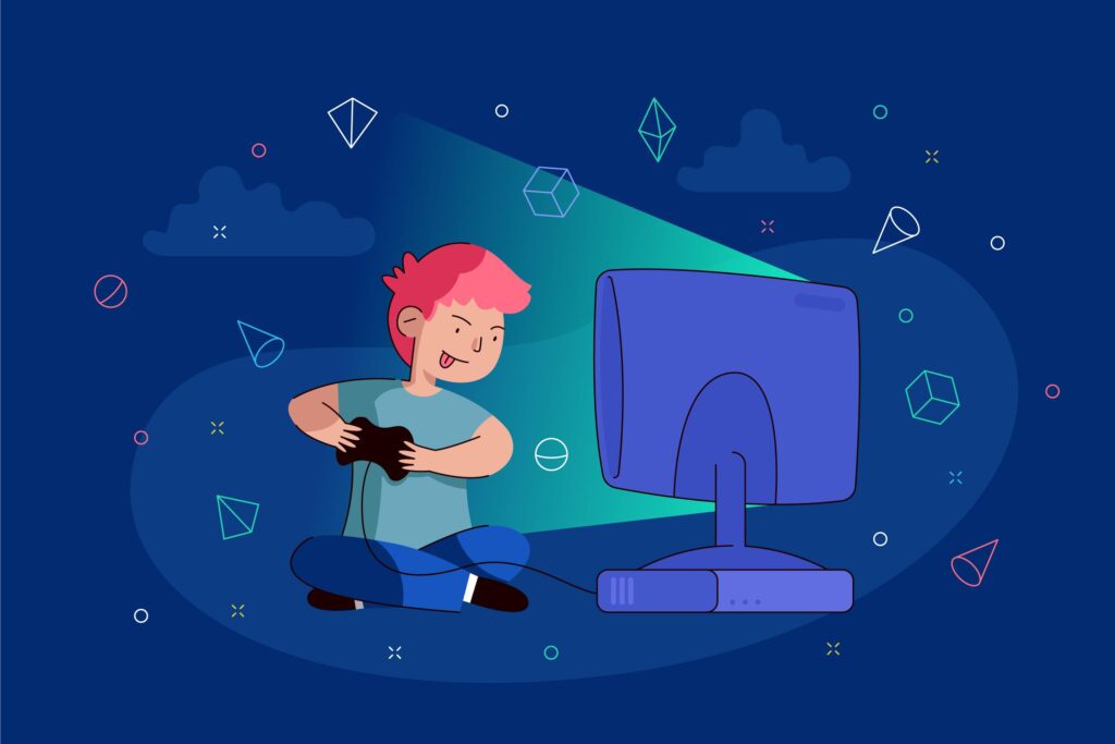 Image portraying a cartoon boy playing video games