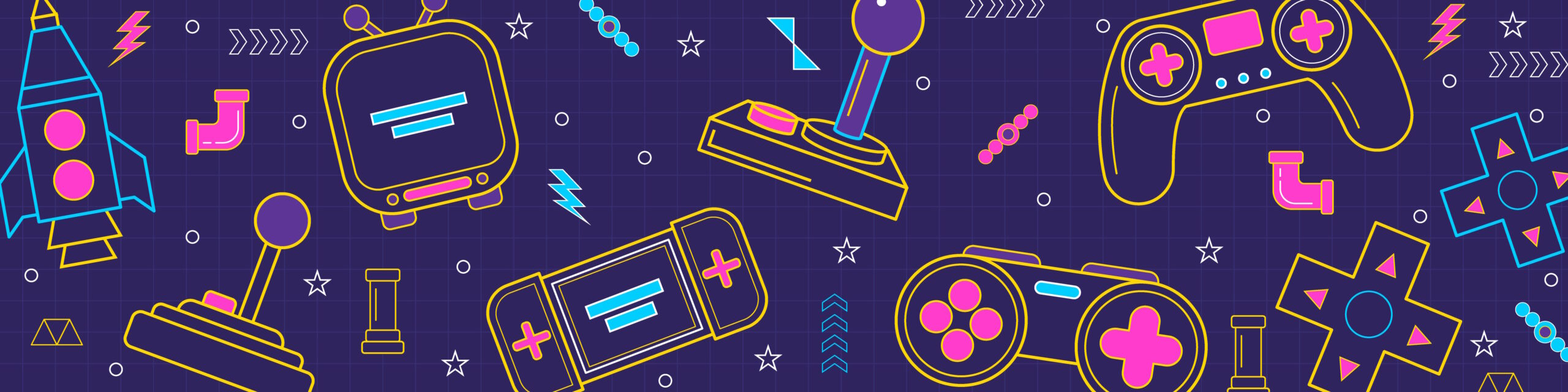Various game icons like joysticks, controllers, and handhelds